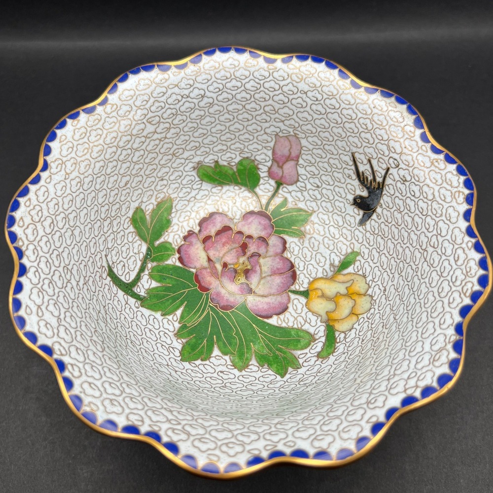 Vintage Cloisonne Bowl White Pink Peony Swallow Bird Scalloped with Stand 6"